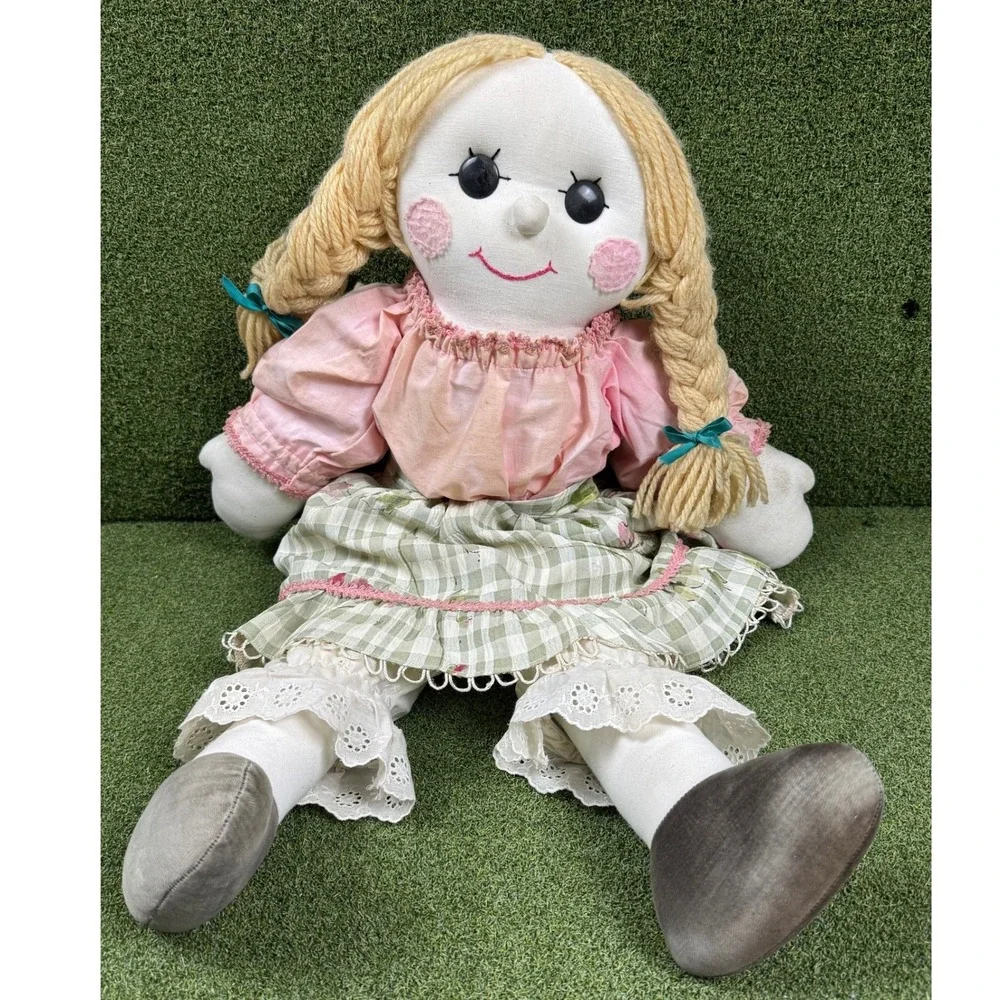 Vintage Raggedy Style Cloth Doll Yarn Braids Prairie Dress 23in‎ Plush Toy Decor